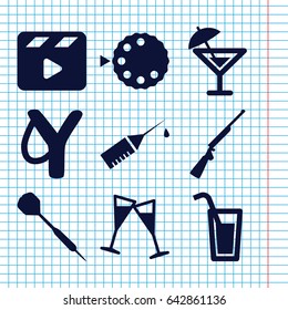 Set of 9 shot filled icons such as movie clapper, injection rash, wine glass, camera mode, dart, cocktail, hundting gun