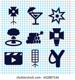 Set of 9 shot filled icons such as soft box, cocktail, dynamite, explosion, clapper board