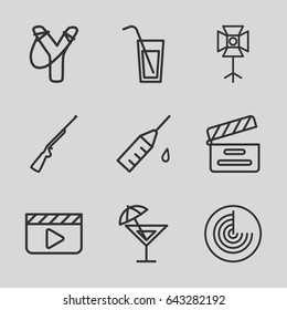 Set of 9 shot outline icons such as radar, movie clapper, injection rash, soft box, cocktail, hundting gun