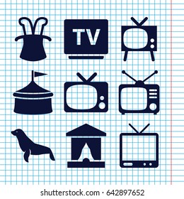 Set of 9 show filled icons such as seal, tv, tv, magic hat, circus