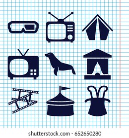Set of 9 show filled icons such as seal, tv, camera tape, magic hat, tv, circus, 3d glasses, stage