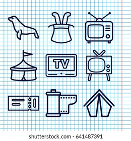 Set of 9 show outline icons such as ticket, seal, tv, camera tape, tv, tent, magic hat