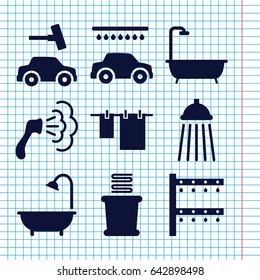 Set of 9 shower filled icons such as shower, cloth hanging, car wash, towels