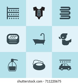 Set of 9 shower filled icons such as shower, car wash, soap, liquid soap, bath, towels, duck, baby clothing