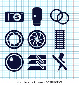 Set of 9 shutter filled icons such as blinds, camera, camera shutter, camera lense, no flash