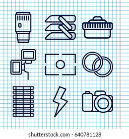 Set of 9 shutter outline icons such as blinds, camera, camera lense, flash