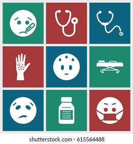 set of 9 sick filled icons such as sweating emot, sick emot, emoji in mask, stethoscope, medicine, hospital stretch