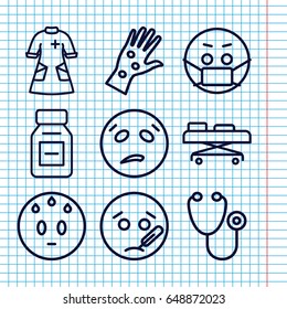 Set of 9 sick outline icons such as stethoscope, nurse gown, medicine, hospital stretch, arm rash, sweating emot, sick emot