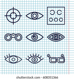 Set of 9 sight outline icons such as eye, eye test, glasses, binoculars
