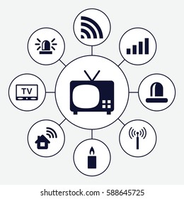 Set of 9 signal filled icons such as signal tower, siren, wi-fi, candle, TV, signal