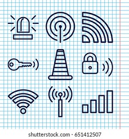 Set of 9 signal outline icons such as signal tower, cone barrier, siren, security lock, wi-fi, signal