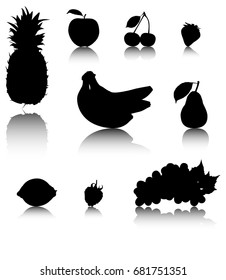 Set of 9 Silhouette vector fruits with shadow: Pineapple, apple, cherry, strawberry, banana, pear, lemon, raspberry and grapes.