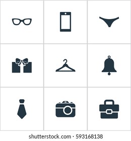 Set Of 9 Simple Accessories Icons. Can Be Found Such Elements As Underwear, Eyeglasses, Hanger And Other.