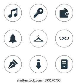 Set Of 9 Simple Accessories Icons. Can Be Found Such Elements As Ink Pencil, Billfold, Password And Other.