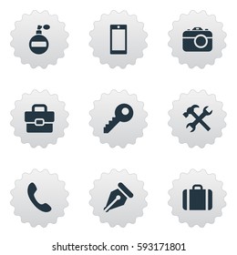 Set Of 9 Simple Accessories Icons. Can Be Found Such Elements As Business Bag, Repair, Password And Other.