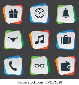 Set Of 9 Simple Accessories Icons. Can Be Found Such Elements As Call Button, Underwear, Present And Other.