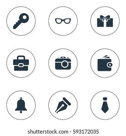 Set Of 9 Simple Accessories Icons. Can Be Found Such Elements As Ring, Gift, Digital Camera And Other.