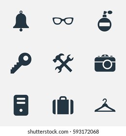 Set Of 9 Simple Accessories Icons. Can Be Found Such Elements As Ring, Eyeglasses, Briefcase And Other.