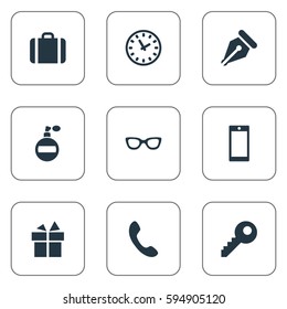 Set Of 9 Simple Accessories Icons. Can Be Found Such Elements As Present, Briefcase, Ink Pencil And Other.