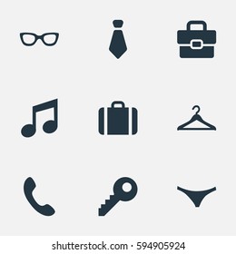 Set Of 9 Simple Accessories Icons. Can Be Found Such Elements As Call Button, Music, Cravat And Other.