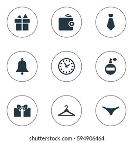 Set Of 9 Simple Accessories Icons. Can Be Found Such Elements As Fragrance, Gift, Ring And Other.