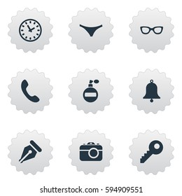 Set Of 9 Simple Accessories Icons. Can Be Found Such Elements As Call Button, Ring, Time And Other.
