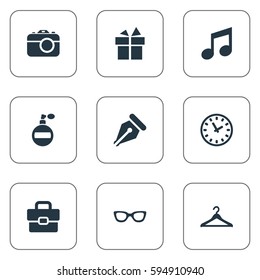 Set Of 9 Simple Accessories Icons. Can Be Found Such Elements As Hanger, Ink Pencil, Music And Other.