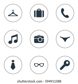 Set Of 9 Simple Accessories Icons. Can Be Found Such Elements As Password, Underwear, Call Button And Other.