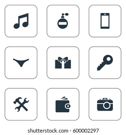Set Of 9 Simple Accessories Icons. Can Be Found Such Elements As Underwear, Music, Billfold And Other.