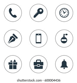 Set Of 9 Simple Accessories Icons. Can Be Found Such Elements As Password, Ring, Present And Other.