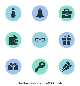 Set Of 9 Simple Accessories Icons. Can Be Found Such Elements As Business Bag, Gift, Password And Other.