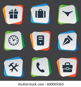 Set Of 9 Simple Accessories Icons. Can Be Found Such Elements As Present, Underwear, Call Button And Other.
