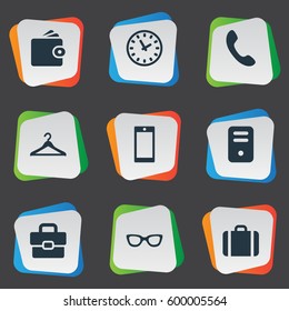 Set Of 9 Simple Accessories Icons. Can Be Found Such Elements As Hanger, Business Bag, Eyeglasses And Other.