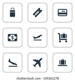 Set Of 9 Simple Airport Icons. Can Be Found Such Elements As Luggage Carousel, Alighting Plane, Currency And Other.