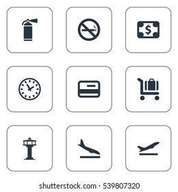 Set Of 9 Simple Airport Icons. Can Be Found Such Elements As Alighting Plane, Protection Tool, Takeoff And Other.