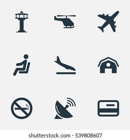 Set Of 9 Simple Airport Icons. Can Be Found Such Elements As Antenna, Alighting Plane, Seat And Other.