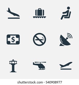 Set Of 9 Simple Airport Icons. Can Be Found Such Elements As Antenna, Currency, Seat And Other.