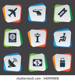 Set Of 9 Simple Airport Icons. Can Be Found Such Elements As Seat, Currency, Travel Bag And Other.