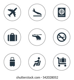 Set Of 9 Simple Airport Icons. Can Be Found Such Elements As Plane, Baggage Cart, Alighting Plane And Other.