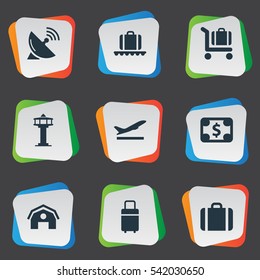 Set Of 9 Simple Airport Icons. Can Be Found Such Elements As Takeoff, Baggage Cart, Luggage Carousel And Other.