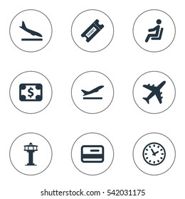 Set Of 9 Simple Airport Icons. Can Be Found Such Elements As Plane, Alighting Plane, Coupon And Other.