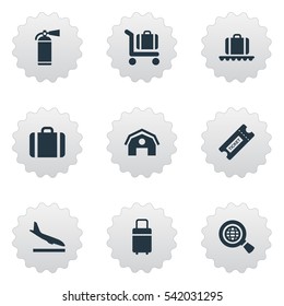 Set Of 9 Simple Airport Icons. Can Be Found Such Elements As Luggage Carousel, Global Research, Alighting Plane And Other.