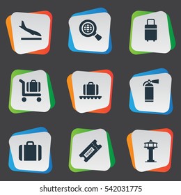 Set Of 9 Simple Airport Icons. Can Be Found Such Elements As Handbag, Alighting Plane, Travel Bag.