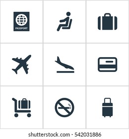 Set Of 9 Simple Airport Icons. Can Be Found Such Elements As Seat, Cigarette Forbidden, Travel Bag And Other.