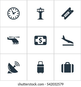 Set Of 9 Simple Airport Icons. Can Be Found Such Elements As Travel Bag, Alighting Plane, Air Transport And Other.