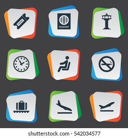 Set Of 9 Simple Airport Icons. Can Be Found Such Elements As Certificate Of Citizenship, Takeoff, Cigarette Forbidden And Other.