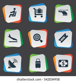 Set Of 9 Simple Airport Icons. Can Be Found Such Elements As Seat, Global Research, Alighting Plane And Other.