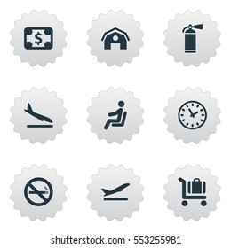 Set Of 9 Simple Airport Icons. Can Be Found Such Elements As Seat, Alighting Plane, Protection Tool And Other.