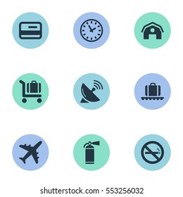 Set Of 9 Simple Airport Icons. Can Be Found Such Elements As Garage, Credit Card, Cigarette Forbidden And Other.
