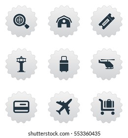 Set Of 9 Simple Airport Icons. Can Be Found Such Elements As Coupon, Plane, Garage And Other.